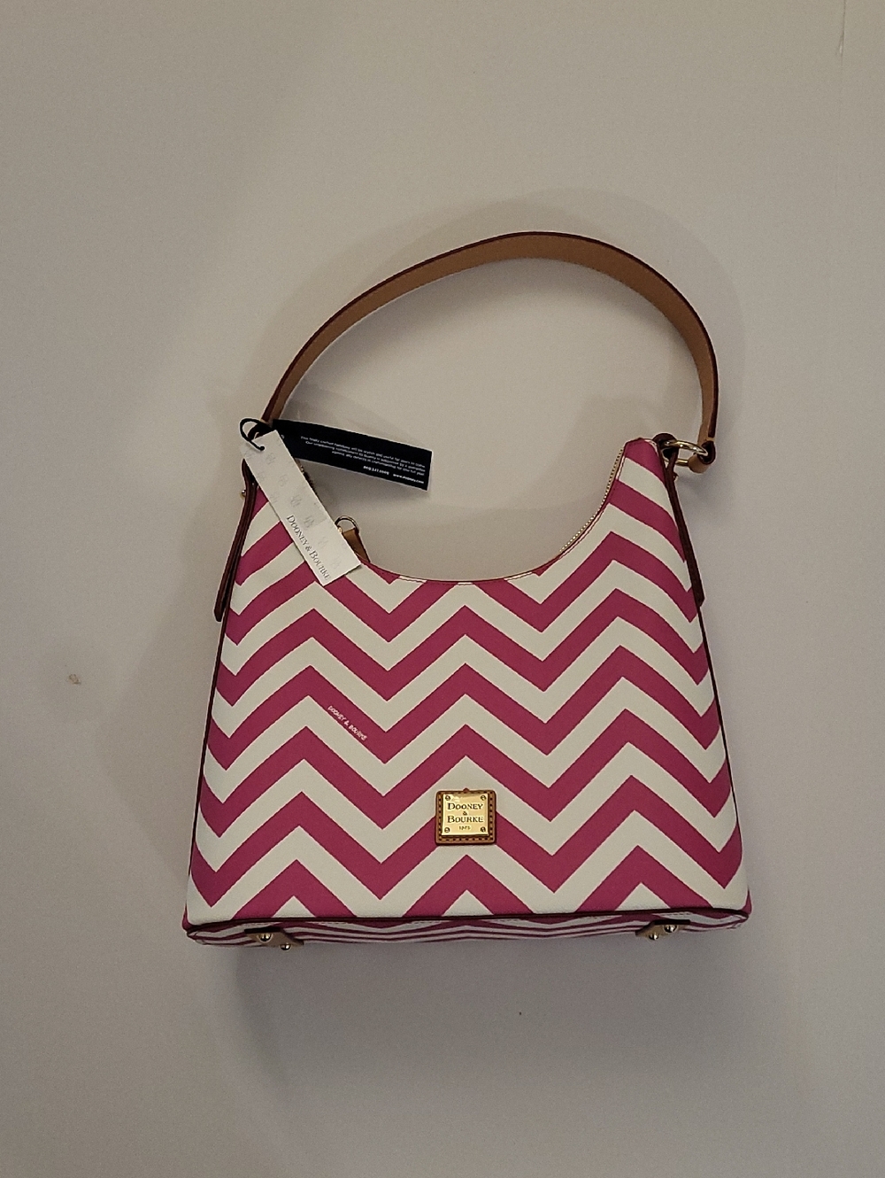 Dooney & Bourke Pink and White Chevron Shoulder Bag with Tan Strap